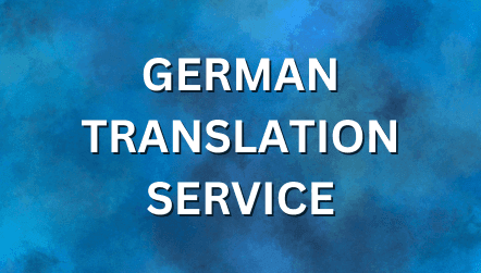 German Translation Services text on a dark blue background with elegant geometric and fleur-de-lis design elements.