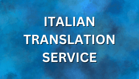 Italian Translation Services text on a dark blue background with elegant geometric and fleur-de-lis design elements.