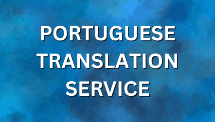 Portuguese Translation Services text on a dark blue background with elegant geometric and fleur-de-lis design elements.