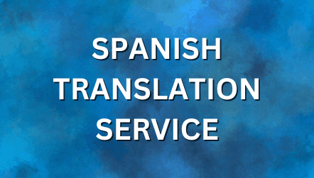 Spanish Translation Services text on a dark blue background with elegant geometric and fleur-de-lis design elements.