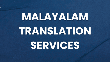 Malayalam Translation Services text on a dark blue background with elegant geometric and fleur-de-lis design elements.